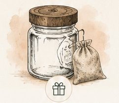 Illustrated reusable borosilicate glass tea jar with a natural acacia wood lid displayed beside a pouch of loose-leaf tea. The image highlights Tea Ranch's premium, sustainable packaging. Tea Ranch reusable glass tea jar with acacia wood lid and loose-leaf tea bag.