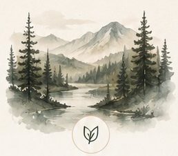 Illustrated mountain landscape featuring evergreen forests, a peaceful lake, and distant peaks in a soft watercolor style. The artwork symbolizes Tea Ranch's commitment to slowing down and reconnecting with nature. Mountain landscape with evergreen forest and peaceful lake representing Tea Ranch's inspiration from nature.